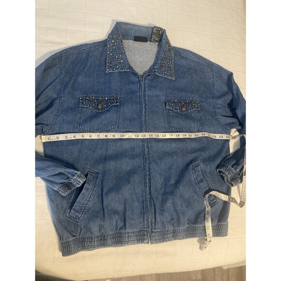 Vtg Y2K Denim Studded Jacket Rhinestones Blue Jean 1X Pockets OUT BROOK - Picture 6 of 11